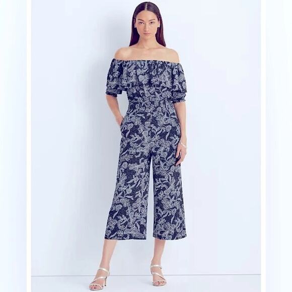 Lauren Ralph Lauren Floral Crepe Off-The-Shoulder Jumpsuit Wide Leg Cropped 14 - Picture 9 of 9